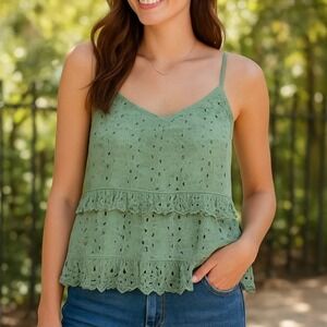 Valentina Naldi Med. Sage Green Eyelet Lace Ruffle Hem Spaghetti‎ Strap Tank Top